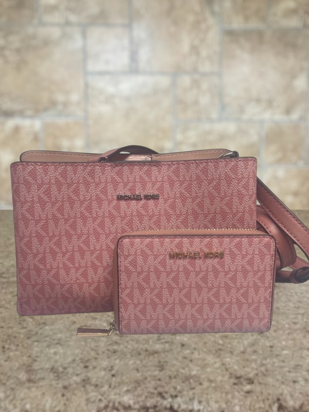 Michael Kors Ruthie Crossbody & Matching Wallet MK Signature Logo Rose Pink